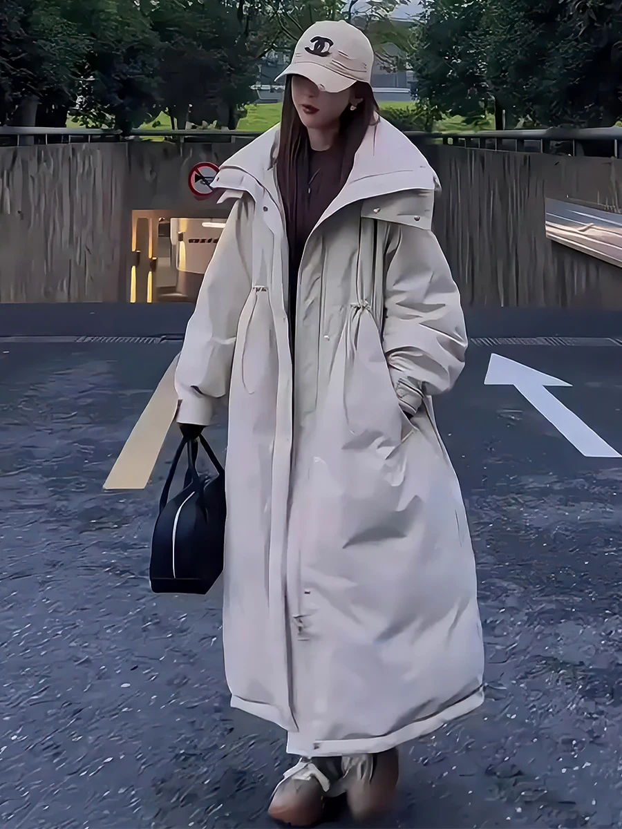 Faionable abrigo largo de lujo blanco Du down Puffer Jaet para mujer con diseño de sombrero Dstring prendas de vestir exteriores de invierno