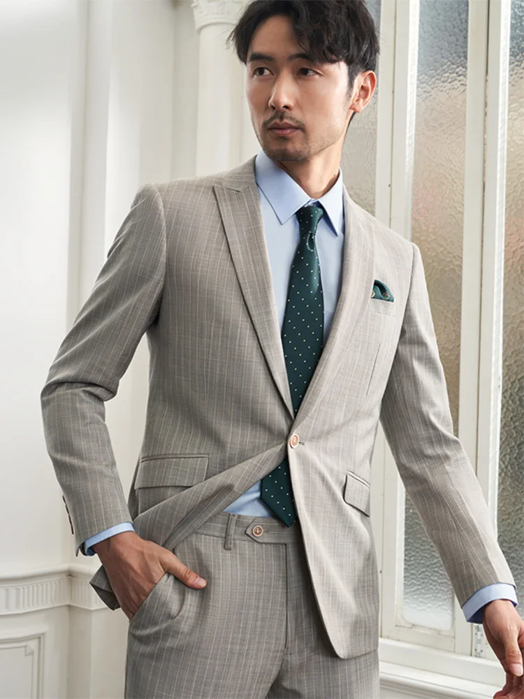 

Suits For Men One Button Khaki Stripe Slim Fit Blazer Pant 2022 New Arrival Spring Summer Thin Leisure Wedding Groom Clothing 58