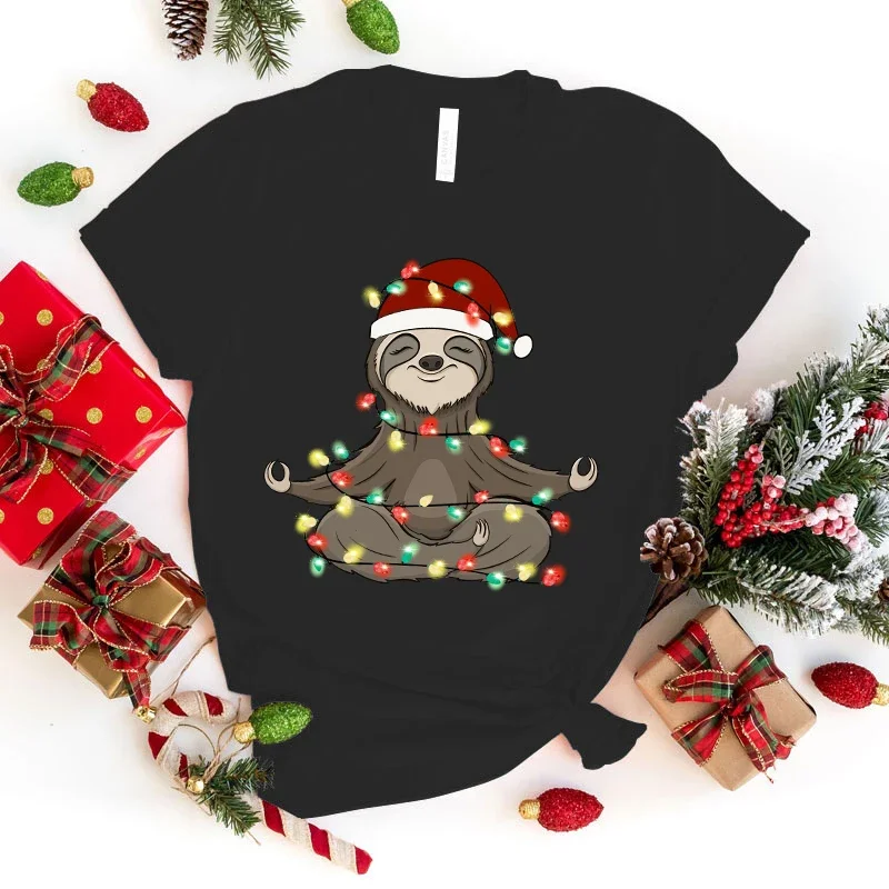 (Premium T-shirt)Christmas Sloth T-Shirts Women Short Sleeve Funny Round Neck Tee Shirt Casual Summer Tops(Fast Delivery)