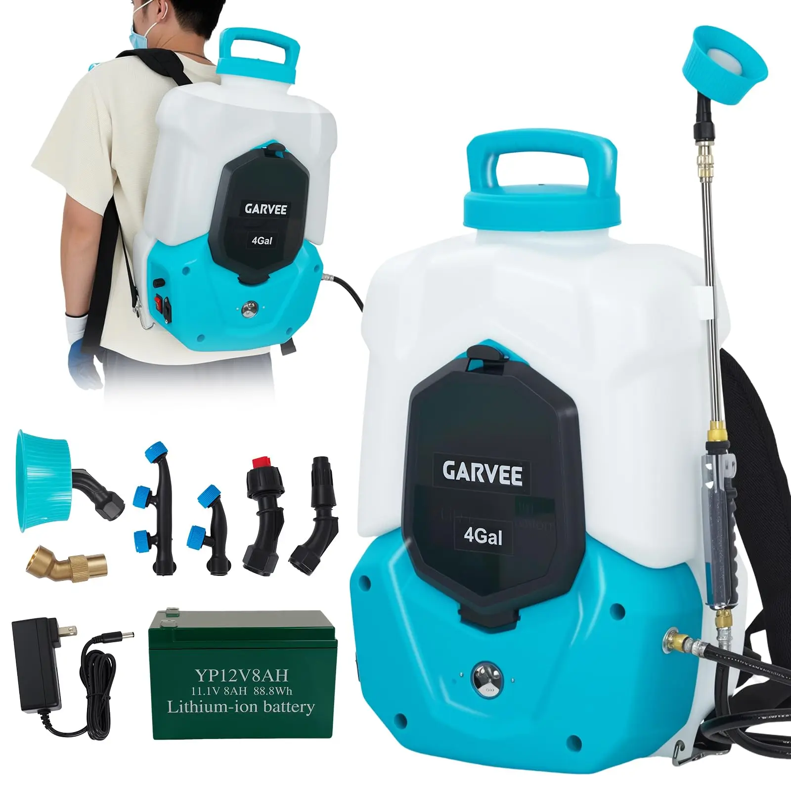 4 Gallon Battery Powered Backpack Sprayer, 12V 8Ah Electric Sprayer with 6 Nozzles, 4-6H Runtime, 90PSI Adjustable Pressure, Retractable Wand,Trigger Lock, Yard Sprayers for Lawn/Garden