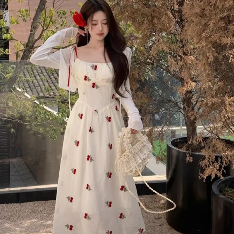 Sweet French floral strap dress for women Summer plus size plump girls waist slimming seaside holiday chiffon dress