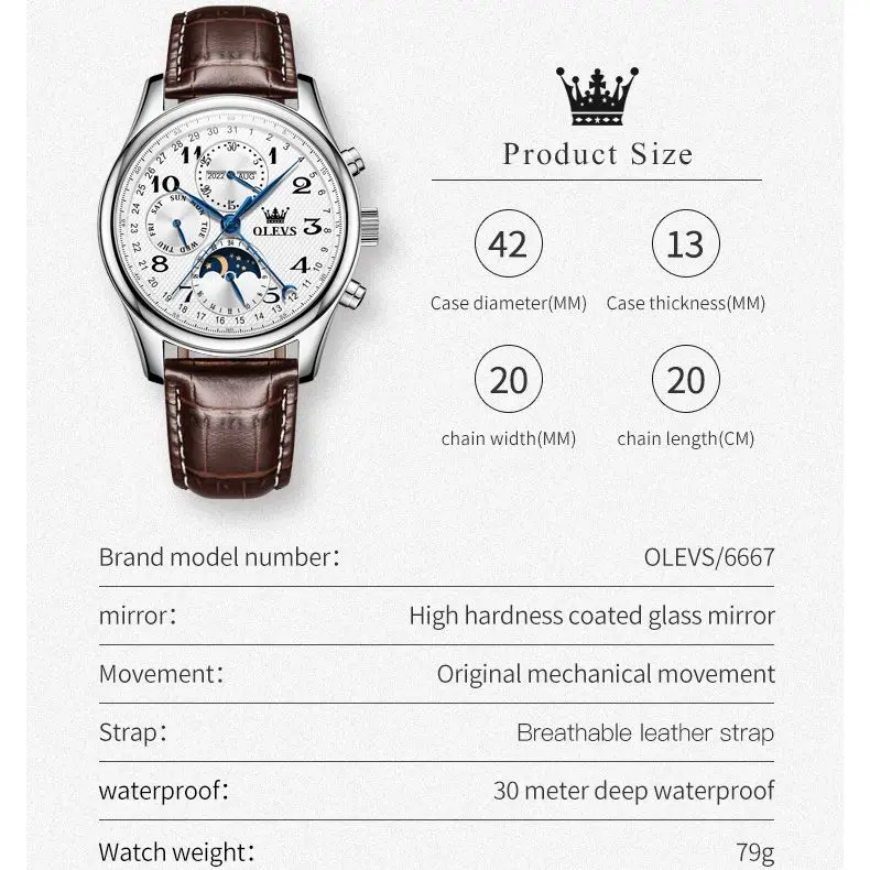 OLEVS Original reloj de pulsera automático para hombre calendario de fase lunar resistente al agua correa de cuero de acero inoxidable reloj