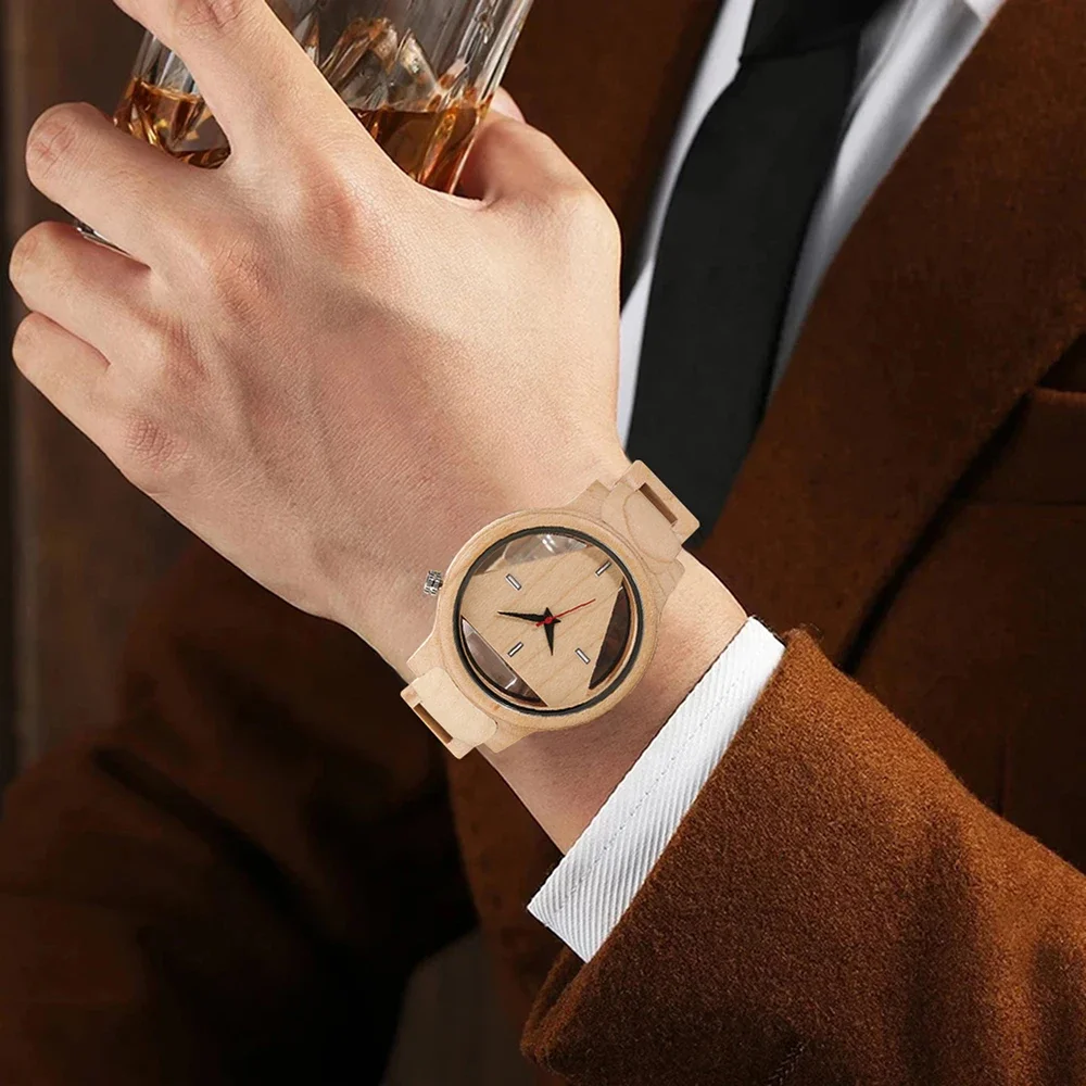 New Light Colored Triangular Hollowed Out Trendy Design Men's Wooden Watch Casual Fashion Men's Accessories Quartz Watch