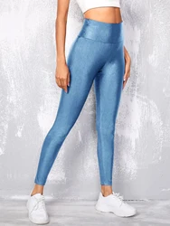 Europa e stati uniti Wind Blue Gloss Leggings vita alta tinta unita pantaloni attillati a nove punti gambe piccole elasticizzate