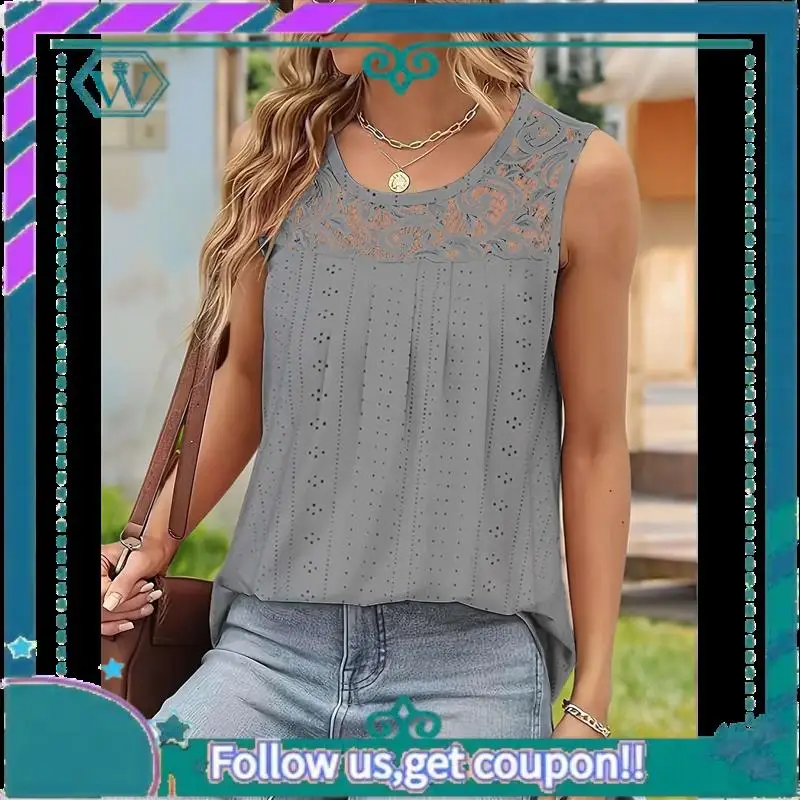 A09P Sommer-Tanktops für Damen, lockere Passform, plissierte Tuniken, U-Ausschnitt, ärmellose Spitzen-Tops, abgerundeter Saum, fließend