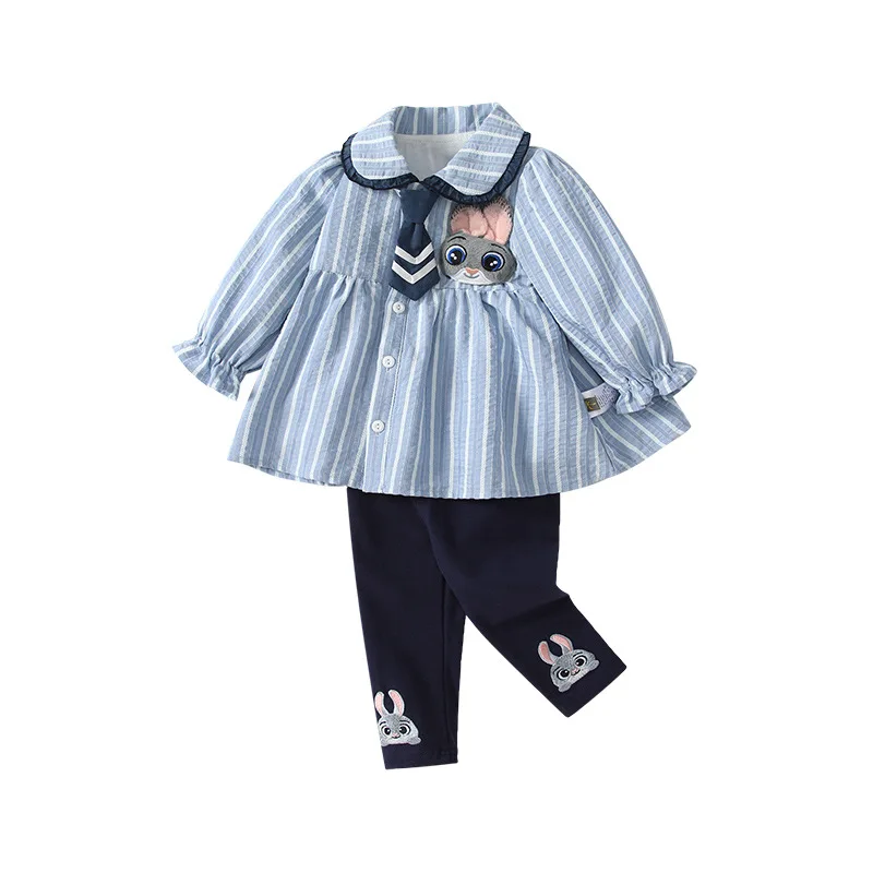 

MINISO Autumn Baby Girl Cartoon Rabbit Two Piece Set Long Sleeve Striped Tie Cotton Toddler Clothes Children's Sets 1-3 years