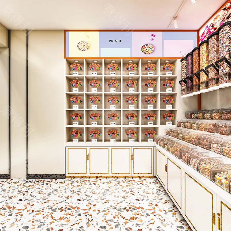 custom.Modern Sweet Shop Furniture Custom Colorful Candy Store Fixtures with Lollipop Display Interior Design