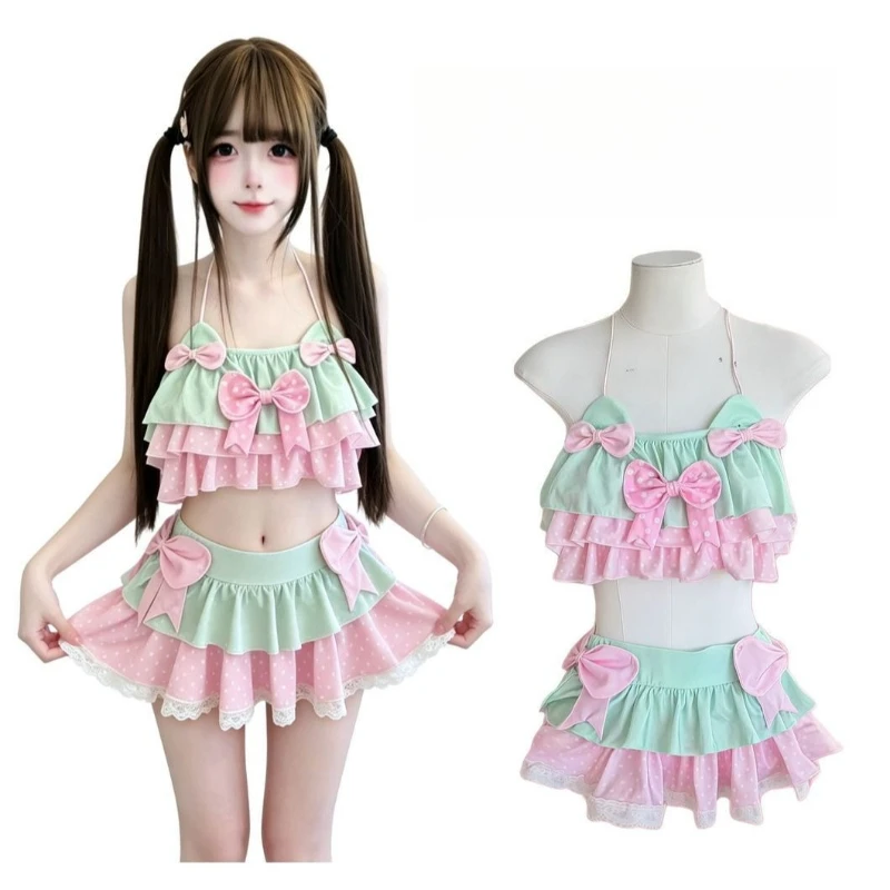 New Coquette Sweet Kawaii Lolita 2 Piece Swim Set Women Slim Fit Bow Ruffle Polka Dot Lace Trim Strap Cute Beach Vacation Outfit