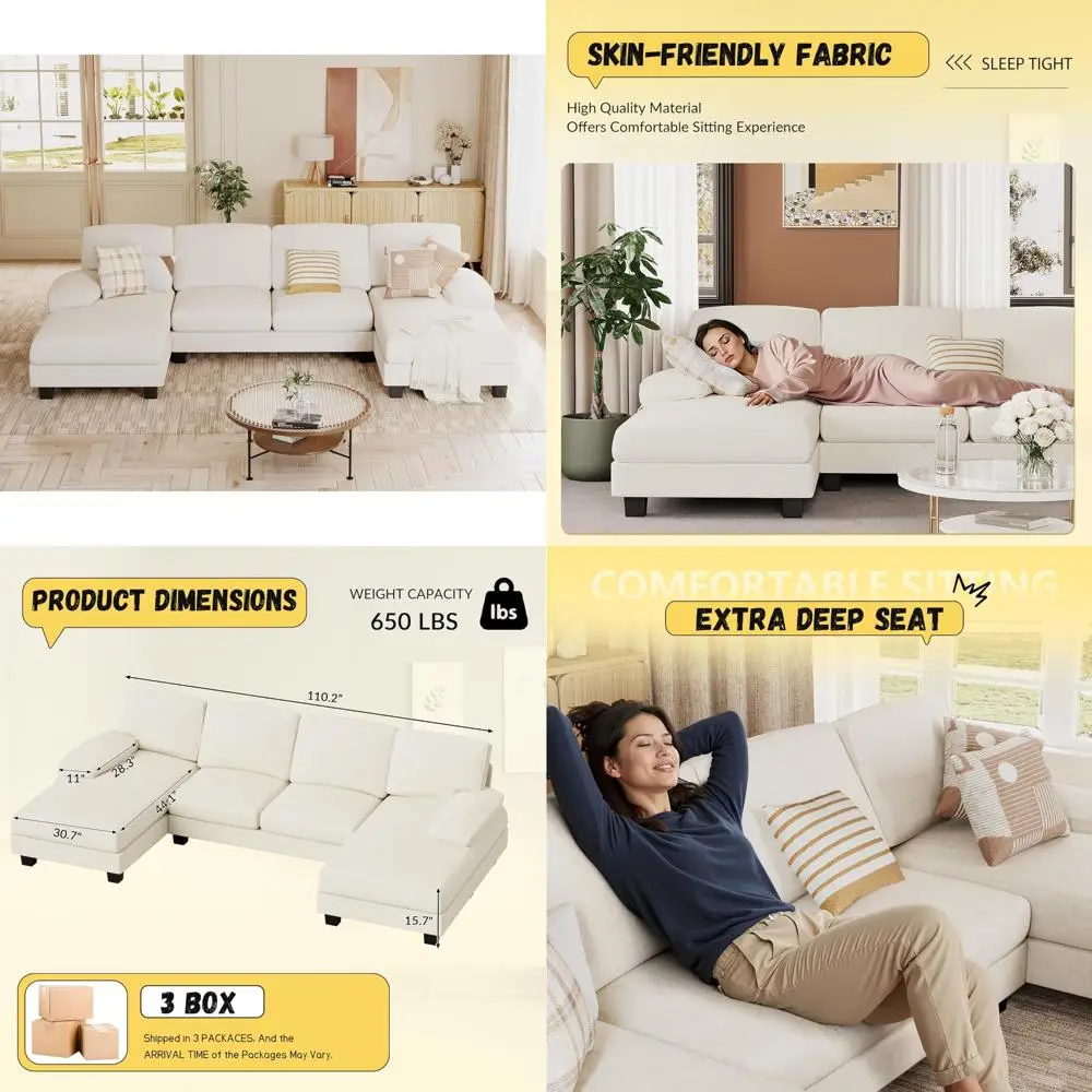 

«4-местный U-образный секционный диван из синели со съемными подушками для современной квартиры».