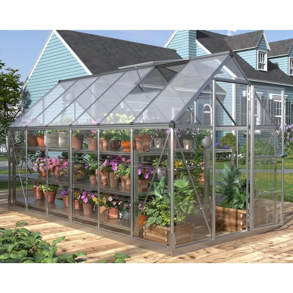 Hybrid Polycarbonate Greenhouse for Outdoor with Lockable Hinged Door 2 Vent Window, Aluminum Sun House, 6x12 FT