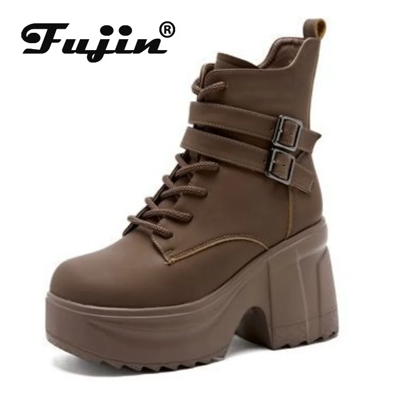 

Fujin 10cm Microfiber Synthetic Women ZIP Chunky Heels Platform Booties Autumn Ankle Spring Ankle Motorcycle Thick Soled Shoes