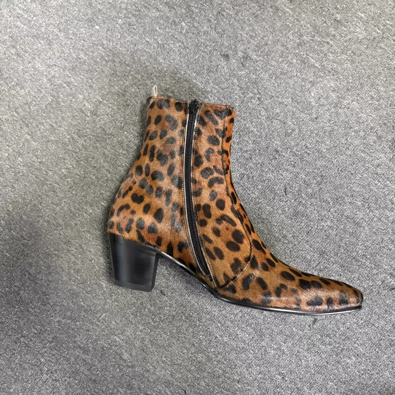 2026 New Leopard Print Chunky High Heel Chelsea Boots Men's Leather Pointed Short Boots British Style Slim Trendy Boots Size 46