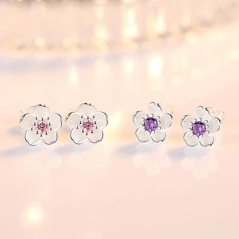 

925 Sterling Silver Pink Purple Zircon Flower Small Stud Earrings For Women Wedding Elegant Luxury Jewelry Accessories Wholesale