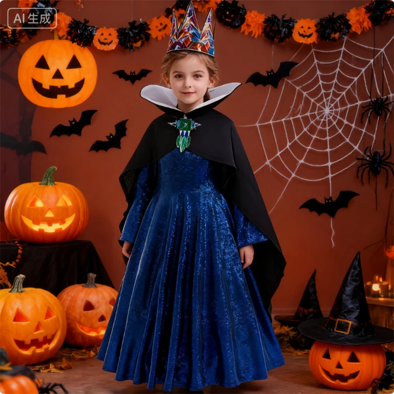 

Girls Queen Cosplay Halloween Costume Movie Role Play Evil Princess Dress With Crown Cloak Girl Costume Carnival Party Dress