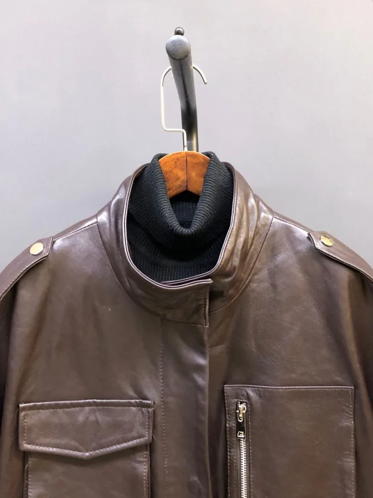 Veste mi-longue ample en cuir véritable pour femme, style vintage, en peau de mouton cirée à l'huile, multi-poches, col montant, vêtement d'extérieur tendance