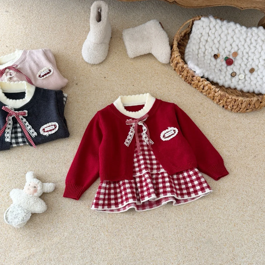 2026 Winter New Girls' Sweater Hoodie False Two-piece Cute Knitted Skirts Round Neck