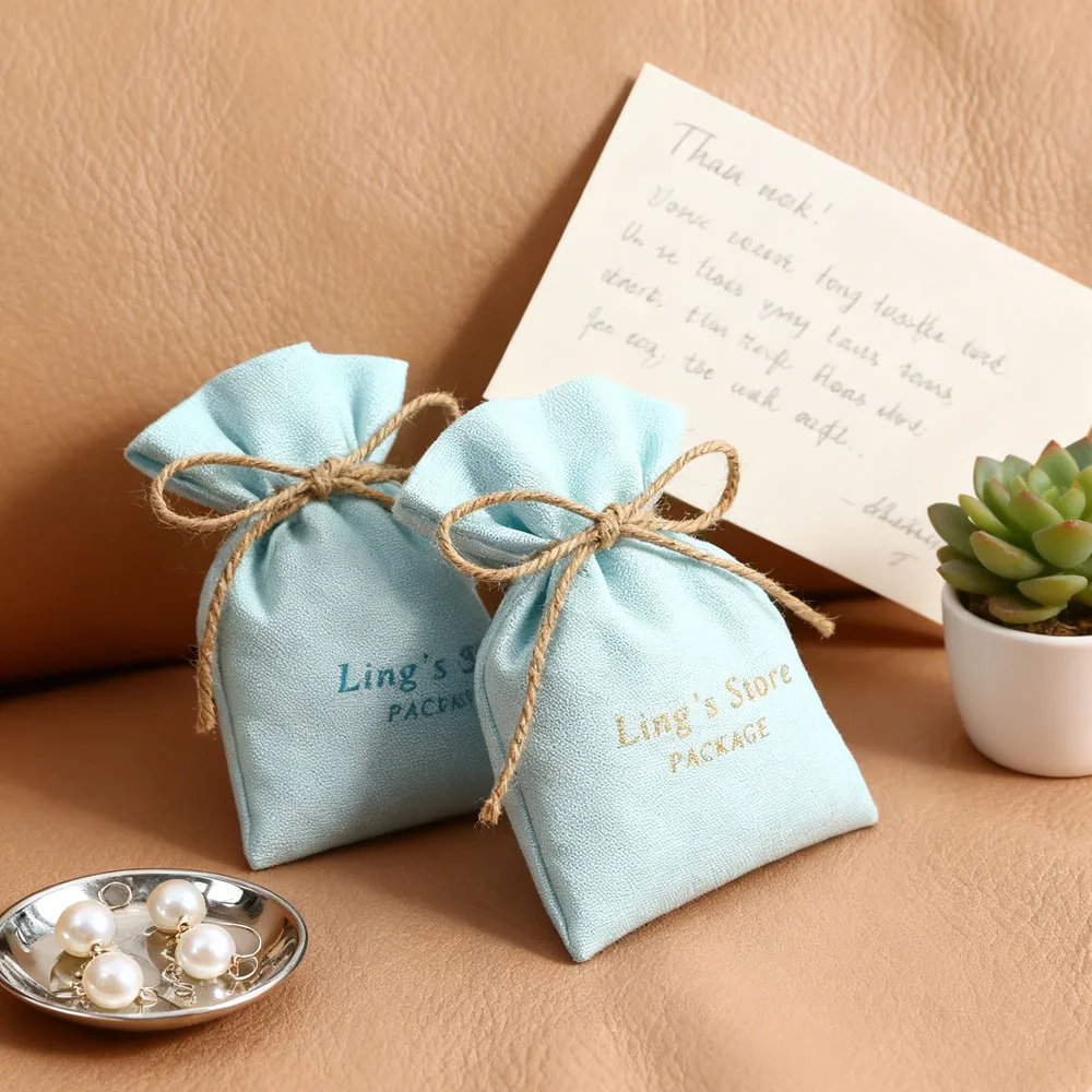 

50Pcs Presonalized Logo Blue Cotton Mini Jewelry Packaging Bags 3x4inch 4x6inch Wedding Candy Earring High Qualit Canvas Pouches