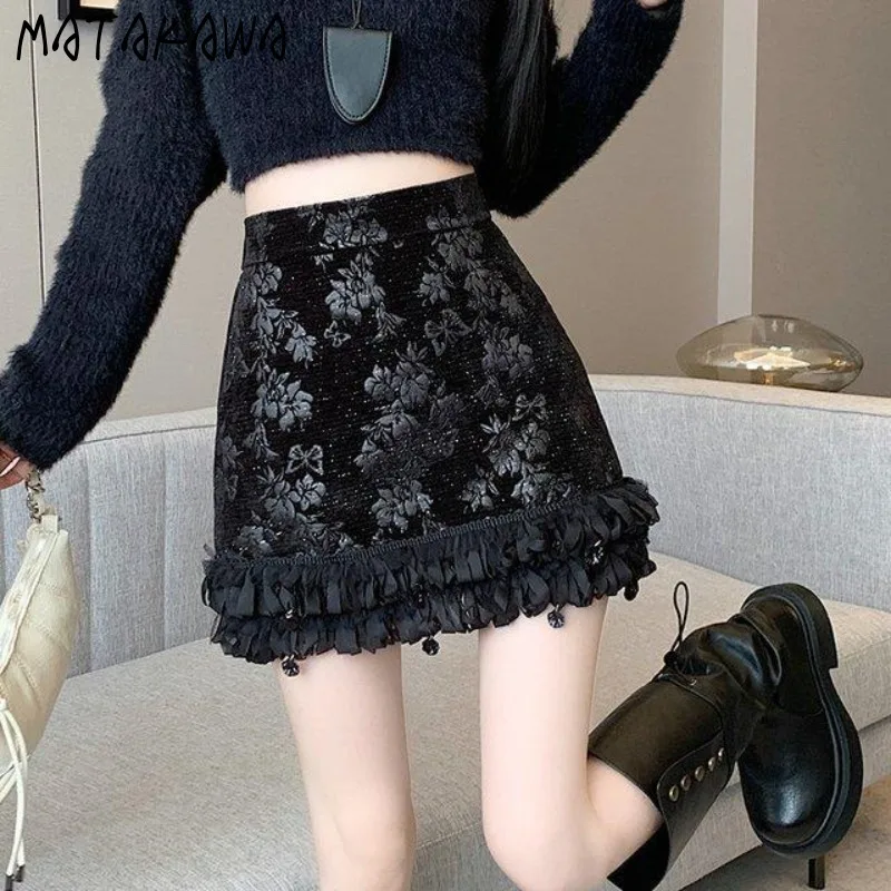 

Matakawa Embroidered Floral Mini Skirts Chinese Style Ruffles Vintage Woman Skirt Autumn Winter Fashion Elegant Faldas Mujer