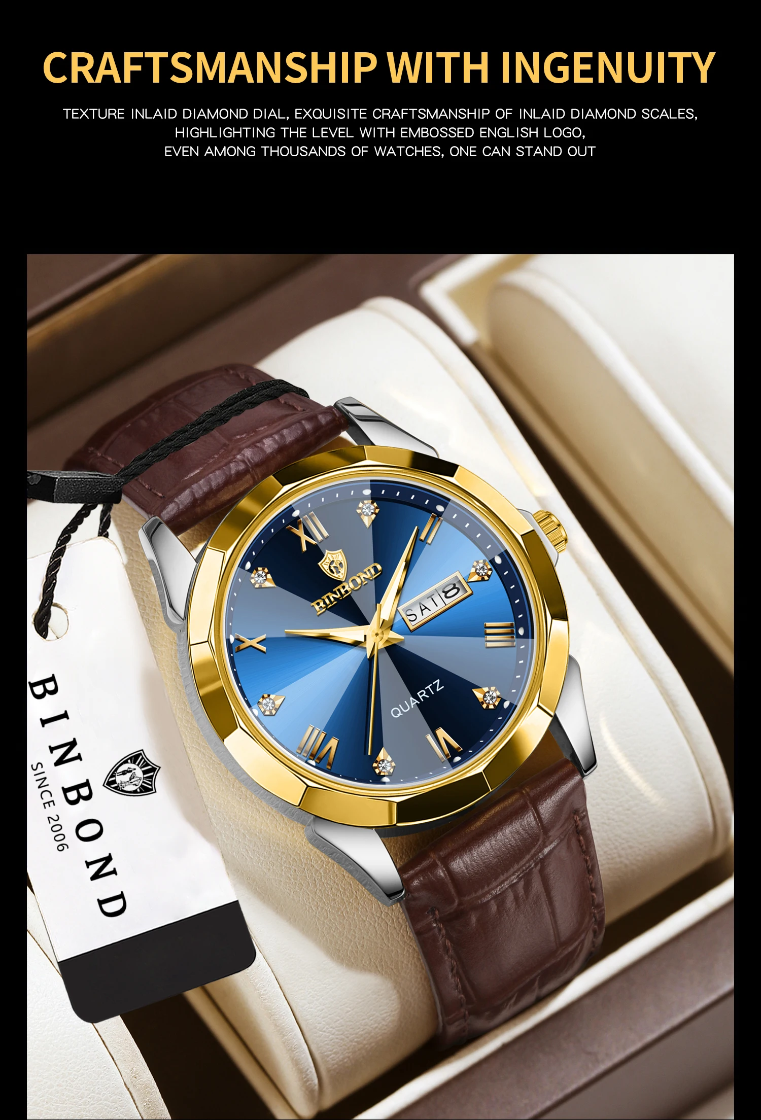 BINBOND Original Auto Date Week Display Men's Watch Reloj Hommes Leather Quartz Watches For Men Luxury Luminous Waterproof +Box
