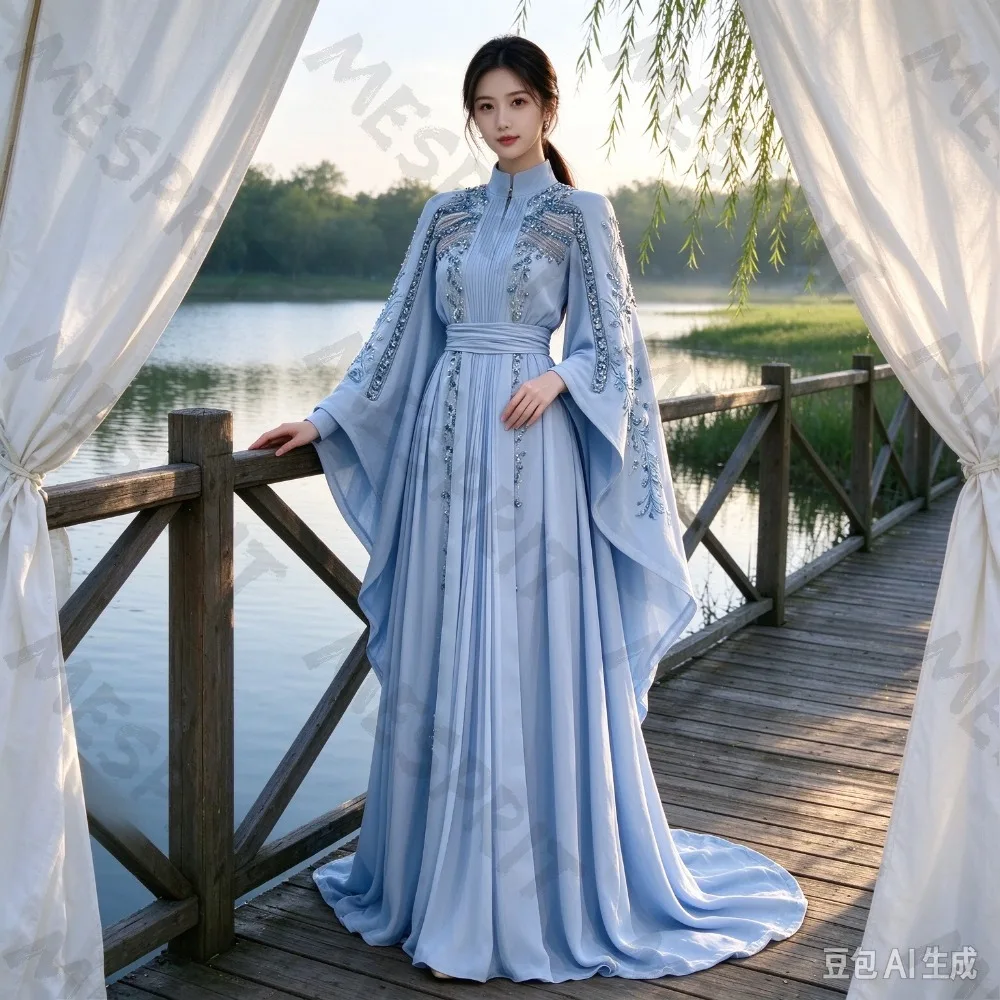 Customized Blue Bead High Neck Waist Cinched Evening Dress 2026 New Open Sleeve Chiffon A-line Ball Gown Suitable for Parties