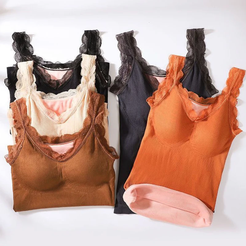 

1pcs Winter Womens Lace Thermal Underwear Seamless Plus Velvet Tops Sleeveless Vest Female Warm Undershirts Solid Sexy Tank Tops