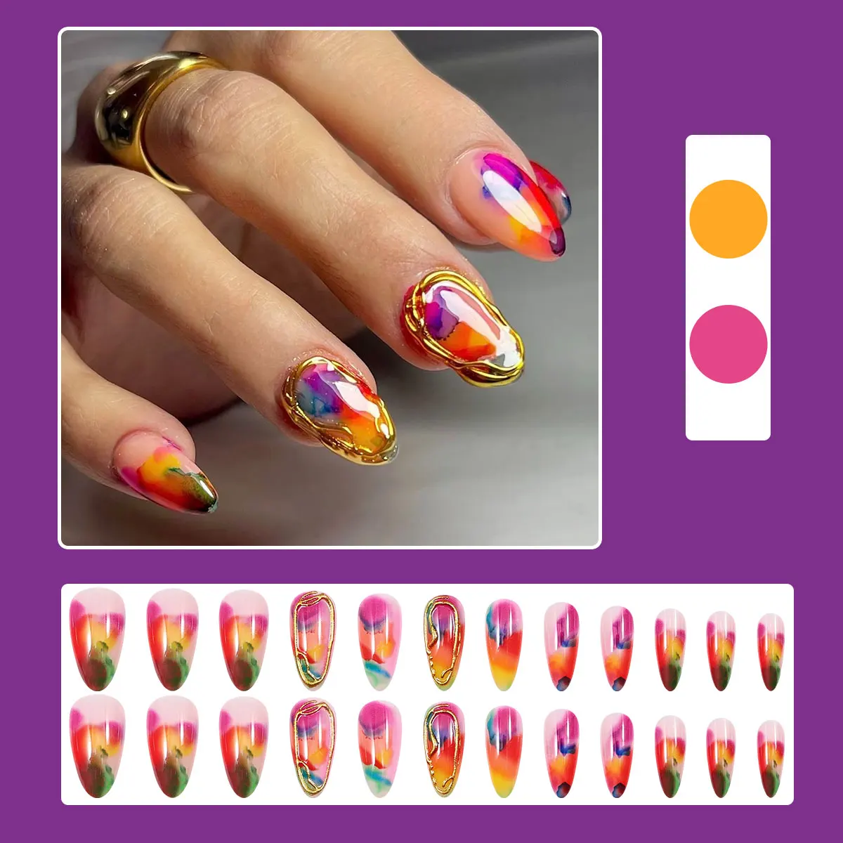 Goud Druk op Nagels Ombre Fake Tips 3D Waterrimpel Lijm op Nagel Korte Amandel Valse Nagel met Strass Ontwerp Glanzende Tips