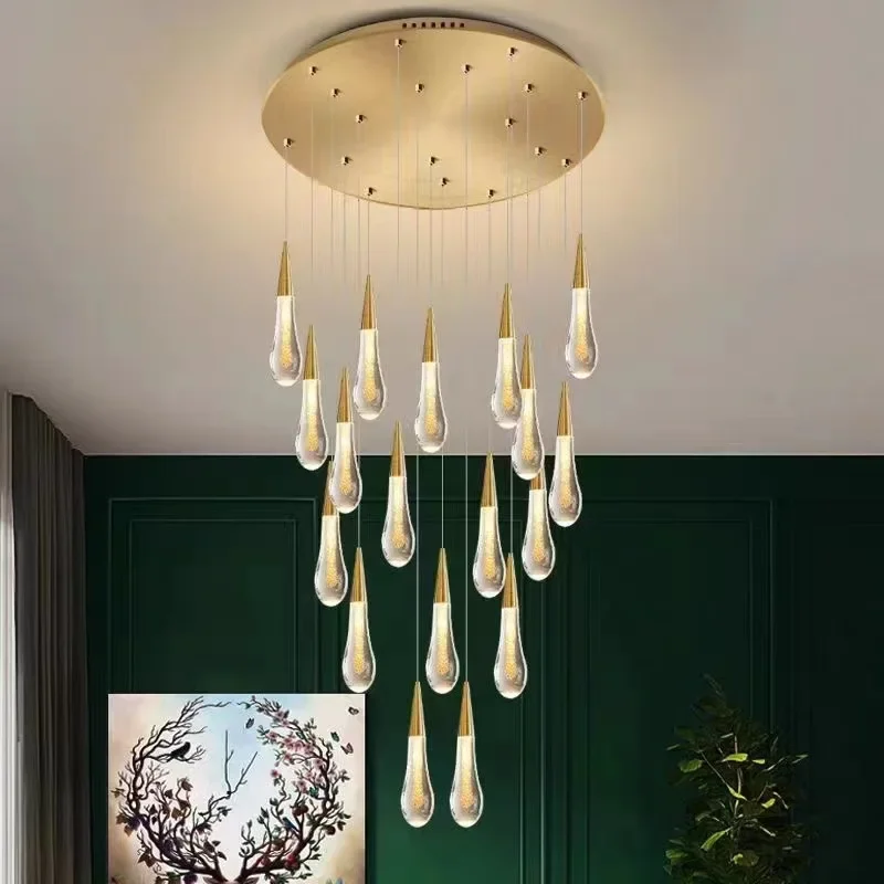 Modern Crystal Light Chandelier For Staircase Large Gold Drop Design Led Cristal Lamp Long Villa Lobby Hanging Lighting Fixture