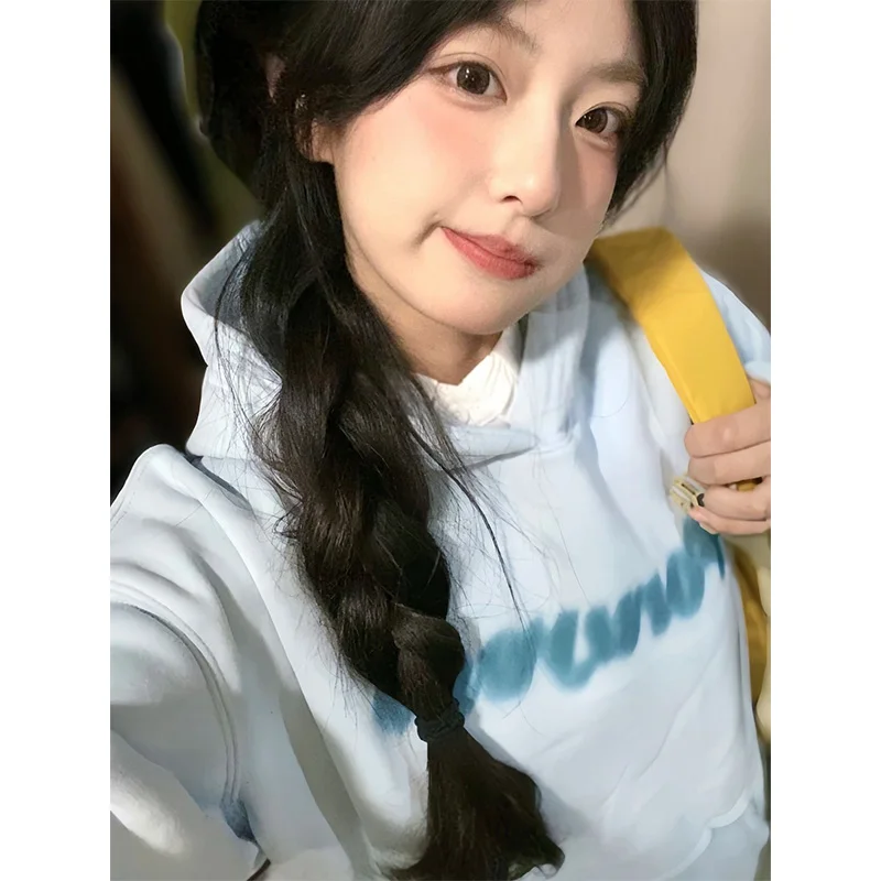 

Американская толстовка Sweet Girl, синяя, женская, оверсайз, свободного кроя, осенне-зимняя, повседневная, с длинными рукавами