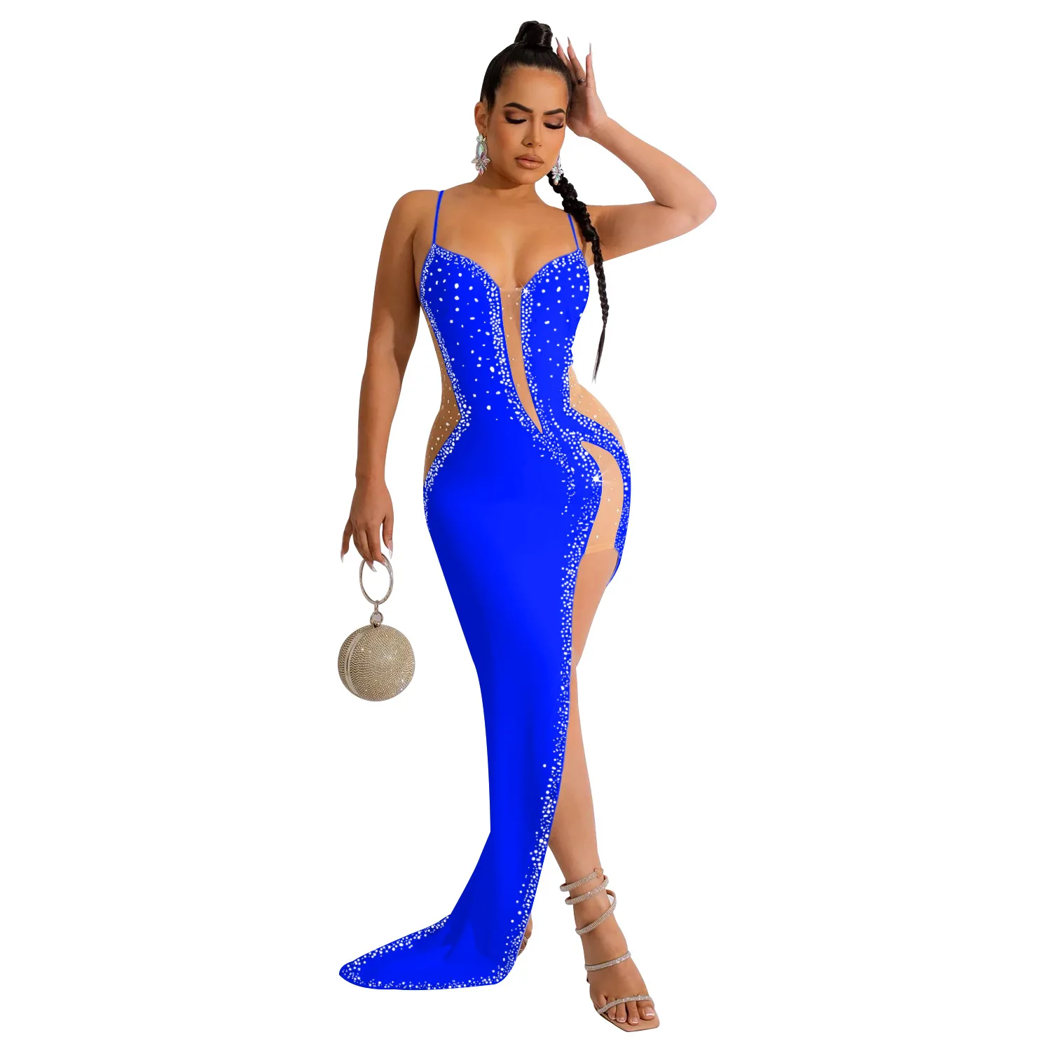 Clothing 2023  Women Summer Rhinestones Spaghetti Strap V Neck Mesh Sheer Patchwork See Through Side High Split Long Maxi Dress