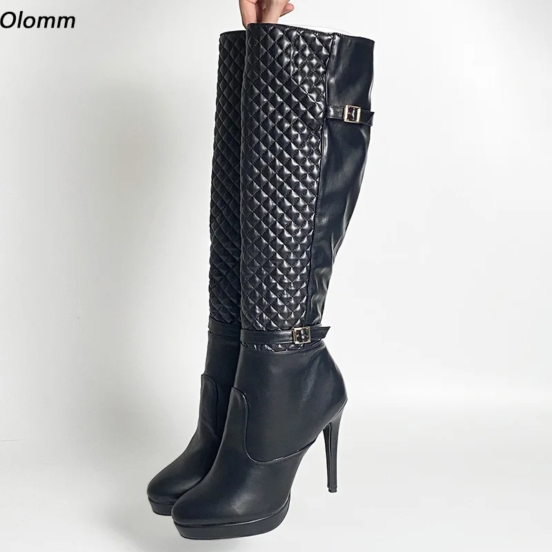 

Olomm New Women Winter Knee Boots Buckle Strap Side Zipper Sexy Thin Heels Round Toe Black Club Shoes Plus US Size 5-20