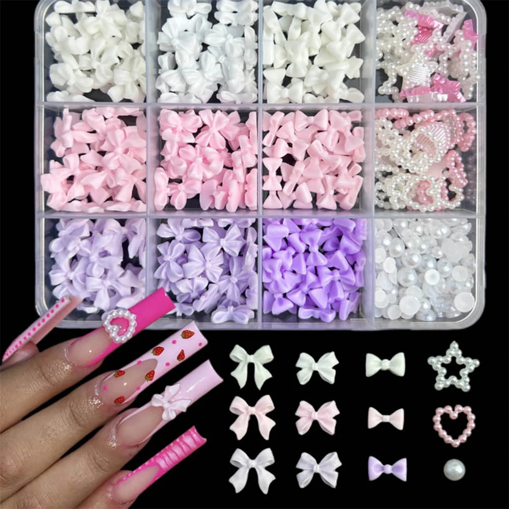 12Grids 3D Kawaii Mini Bow Nail Art Charms Mixed Resin Butterfly Heart Ribbon Bowknot Rhinestone DIY Manicure Decorations