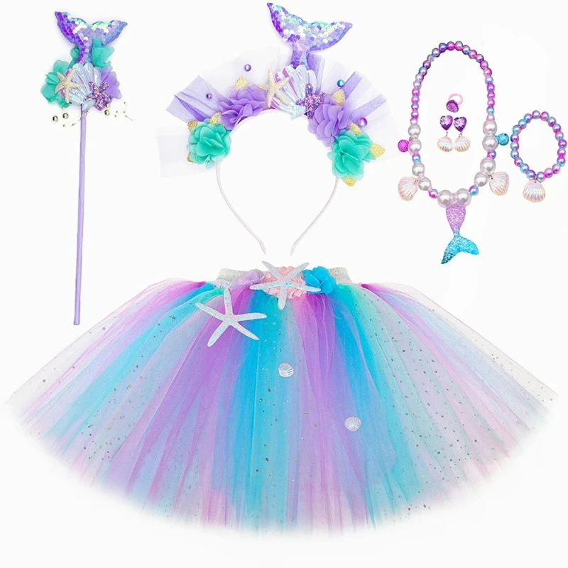 Jupe Tutu sirène pour filles, Costume de fête d'anniversaire d'halloween, tenue de princesse à fleurs, jupe Tutu en Tulle pour bébés et enfants en bas âge