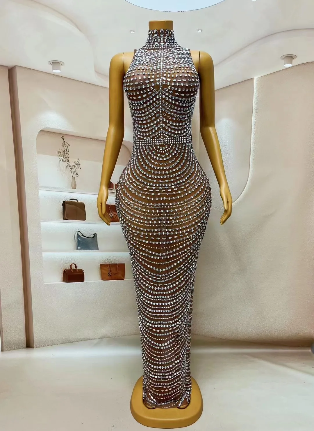 

Silver Full Rhinestones Mesh Prom Long Dress Elegant Sexy Transparent Celebrate Evening Party Outfit Singer Club Stage Costume