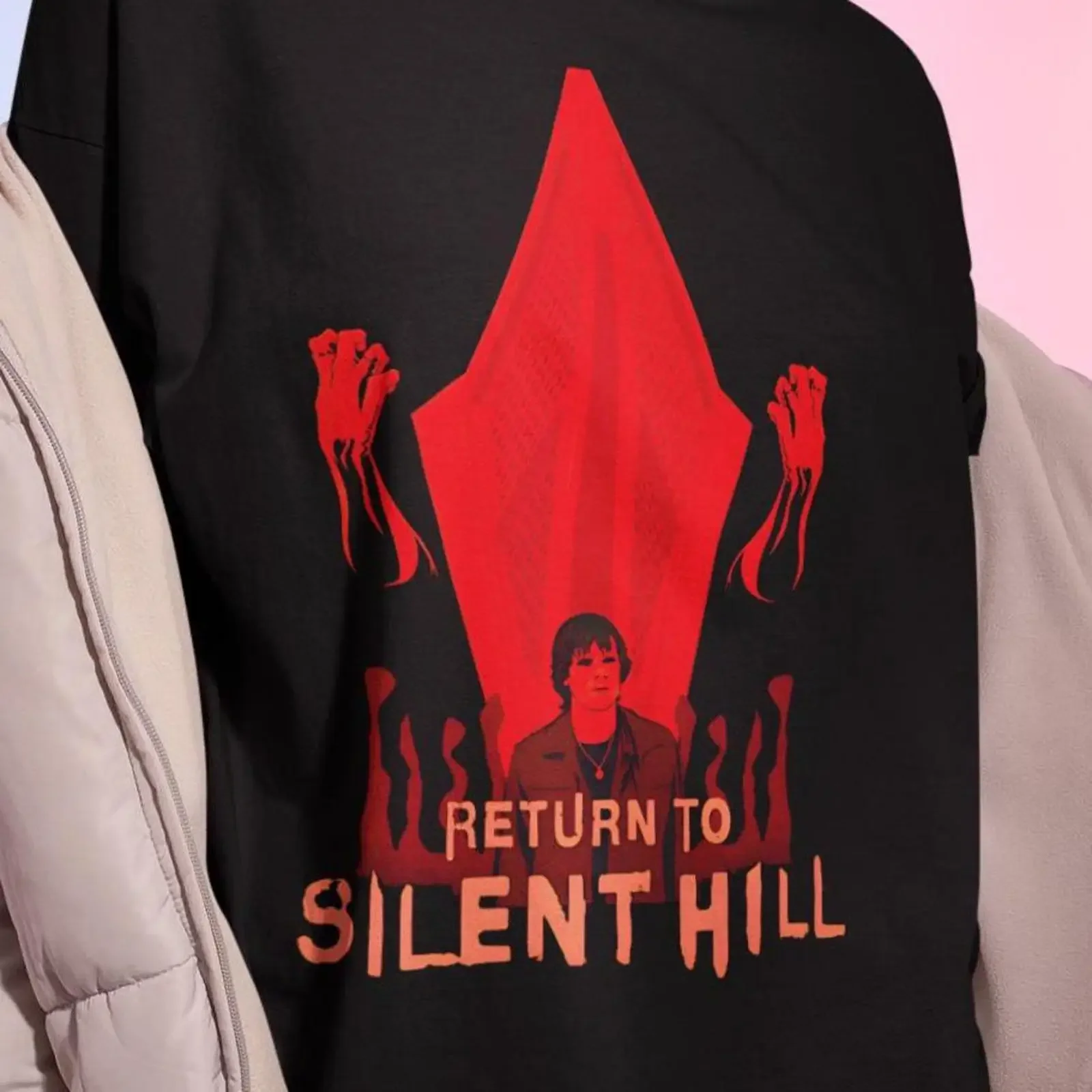 Return to Silent Hill Horror Game Pyramid Head Print Crew Neck Black Casual T Shirt vintage Washed Breathable Unisex Versatile