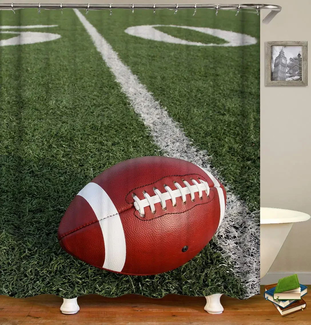 Rugby Football Shower Curtain Boys Children Teens Sport Theme Field Arena Shower Curtain Waterproof Fabric Screen Bathroom Decor