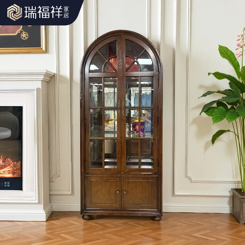 Ash wood American all-solid wood wine cabinet retro arched glass door dining side