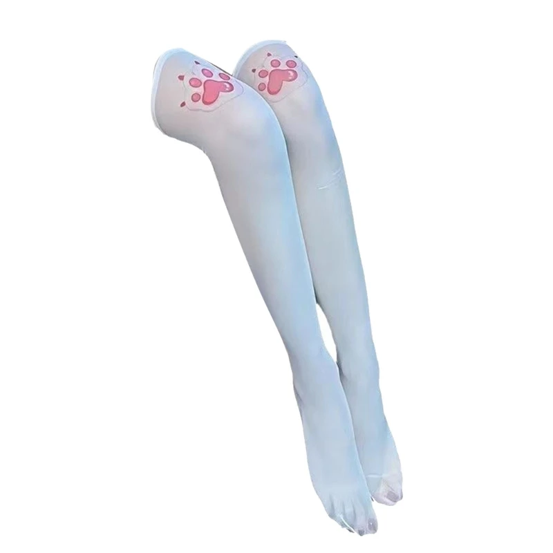 Womens Anime Cats Claw Print Silk Thigh High Stockings Cosplay Sweet Long Socks