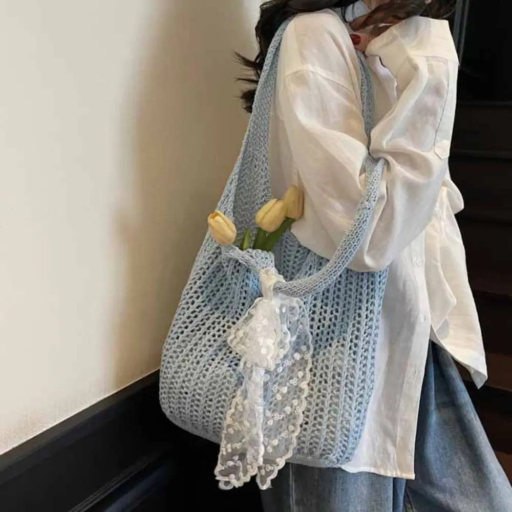 

with Lace Ribbon Solid Color Woven Bag Tote Bag Beach Handbag Beach Bag Bohemian Style Hollow Out Hollow Shoulder Bag Holiday