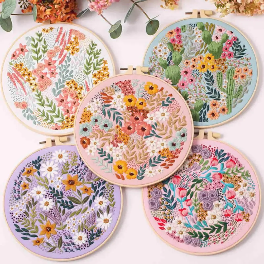 1 Set DIY Floral Embroidery Kit with Flower Pattern Hoop Color Threads Stamped Cross Stitch Hand Embroidery Starter Kit Gift