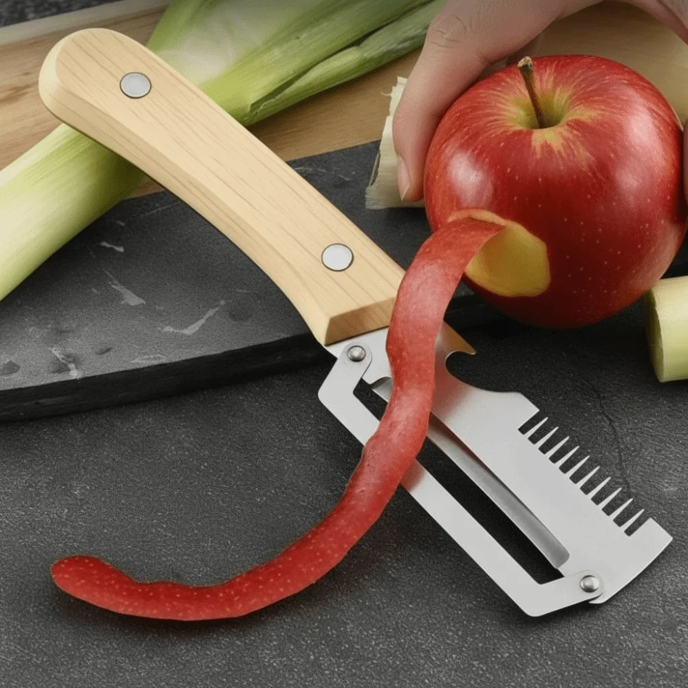 Stainless Steel 3-in-1 Fruit Potato Peeler Wooden Handle with Bottle Opener Vegetable Peeler Ergonomic Scallion Shredder