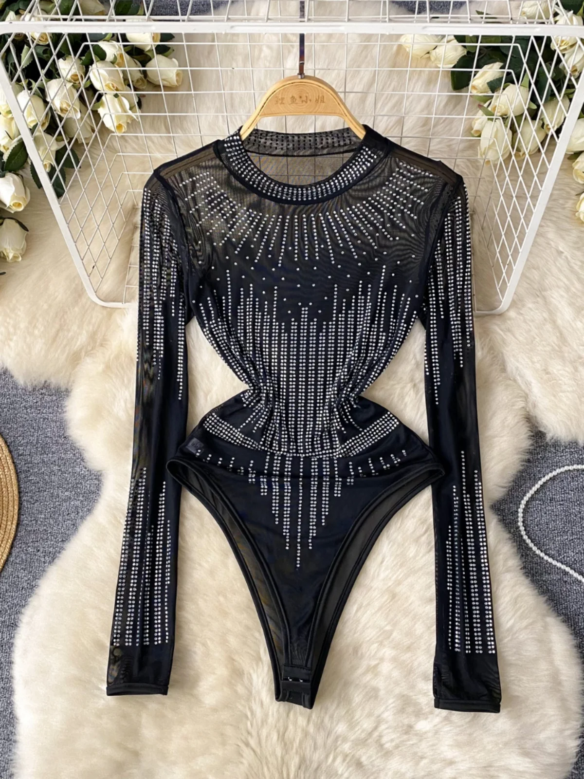 

SsTss Sexy See Through Mesh Rhinestone Decoration Bodysuits Women Fashion O Neck Long Sleeve Slim Night Out Clubwear Body Tops