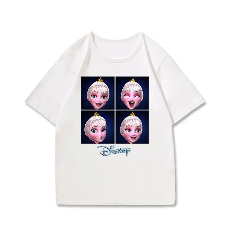 تي شيرت ديزني فروزن إلسا الأبيض للنساء والأطفال 2025 ملابس علوية صيفية من القطن غير رسمية ما قلت نص أربعة تصميم وجه مربع