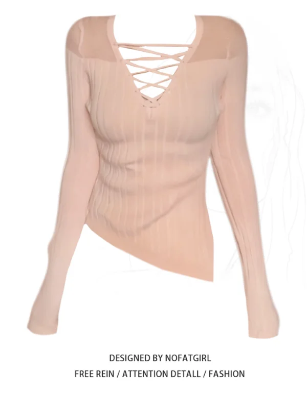 

plus Size Knitwear V-Ne Cross Tie Hollow out Slimming Top for plus Size Women Korean Sle Commute Faion Long Sve