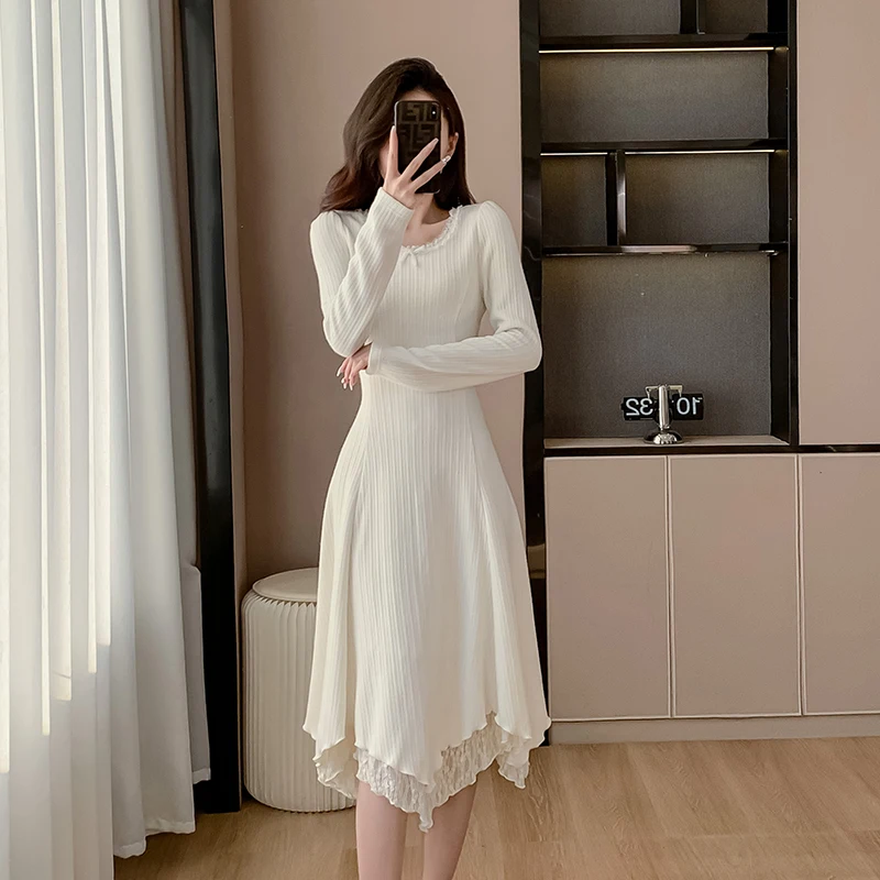 여성용 니트 봄 가을 신상 슬림핏 이너웨어 베이스 롱 스커트