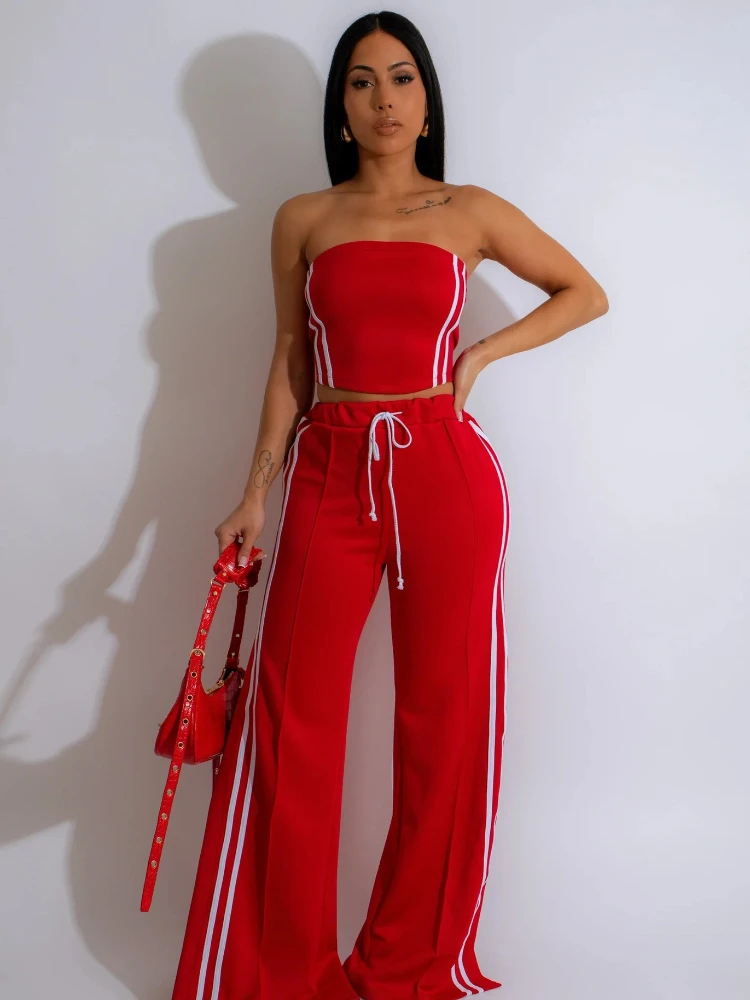 

Leosoxs Fashion Women's Set Strapless Striped Ribbon Crop Top + Wide Leg Pants Suits Summer Streetwear Two 2 Piece Set Outfits