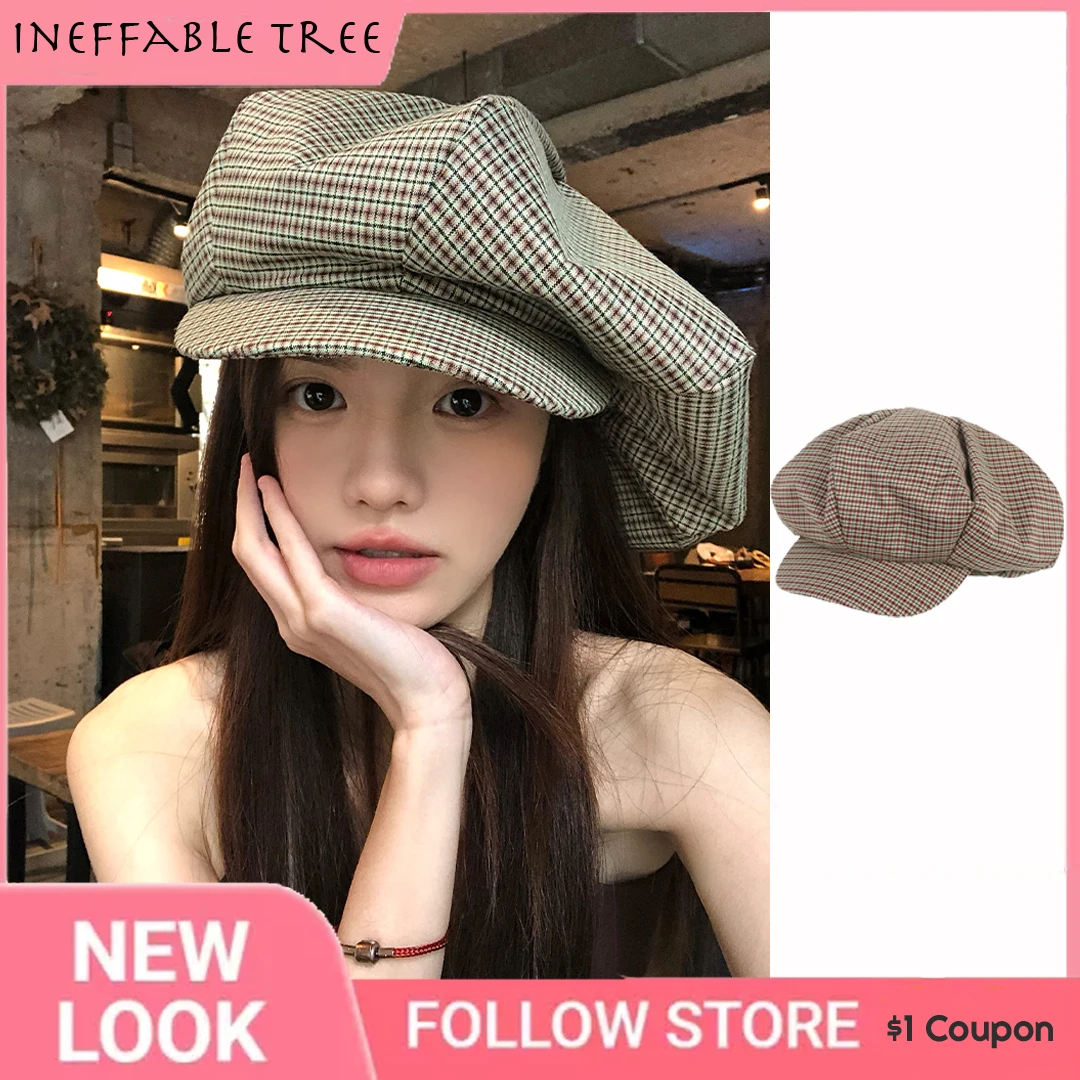 Korean Oversize Retro Plaid Cloud Beret Hat for Women Spring Summer Trend Version Sunshade Octagonal Newsboy Cap Casquette Homme