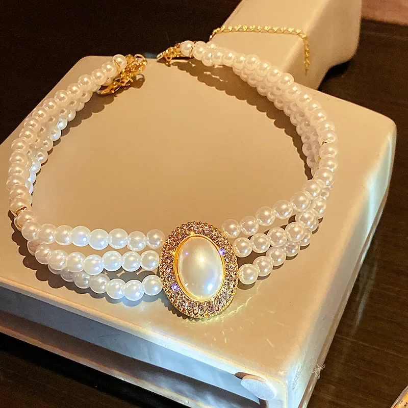 Multi Layer Pearls Choker Necklace for Women Crystal Collares Jewelry