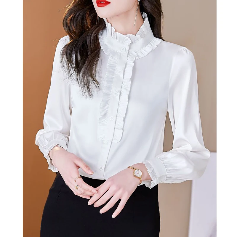 Women High Quality Satin Silk Ruffle Elegant Button Up Shirts Office Lady Vintage Business Casual Blouses Long Sleeve Solid Tops