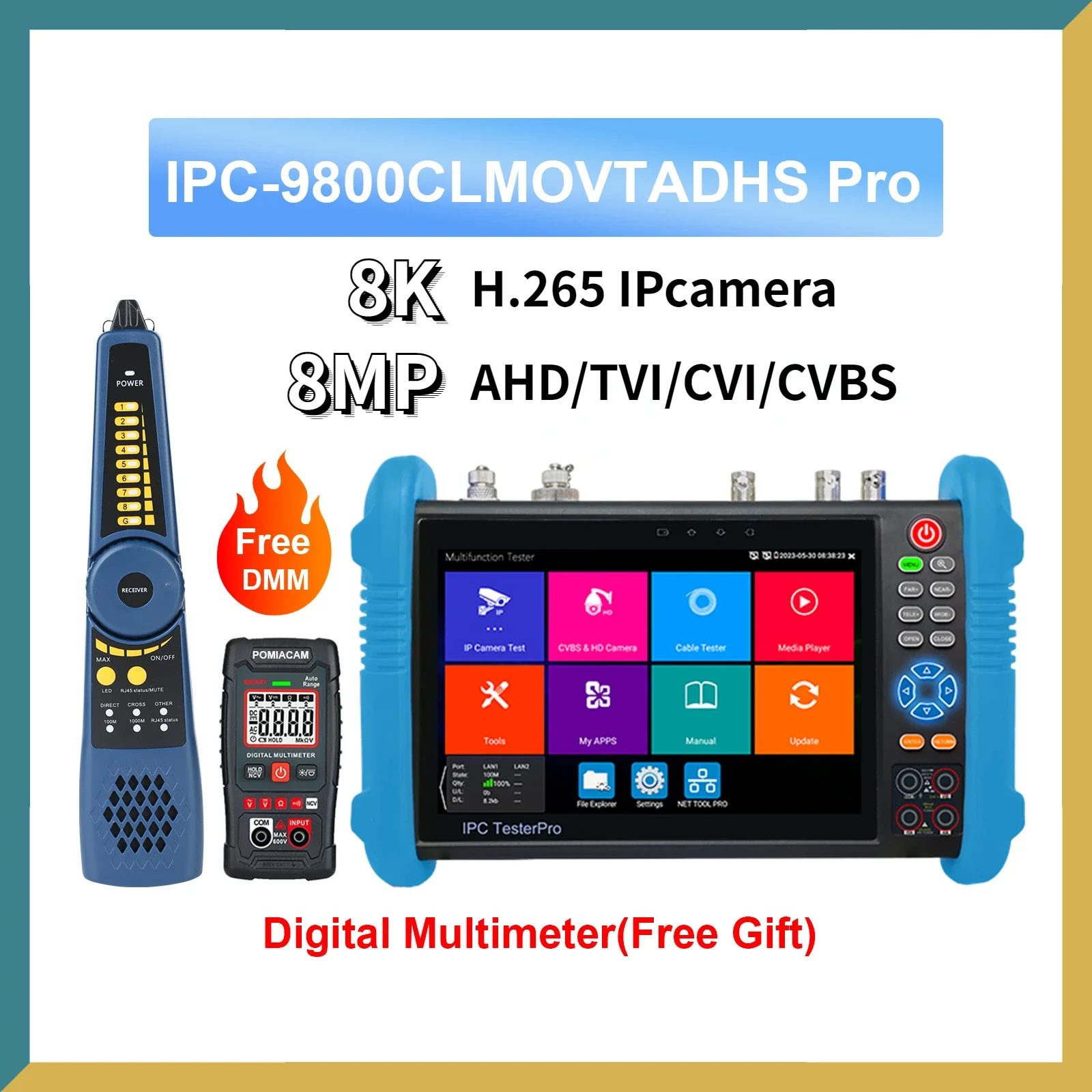 Professional CCTV tester IPC9800CLMOVTADHS CCTV tester IP Camera Tester with 8MP TVI, AHD, CVI, EX-SDI With HDMI input/output