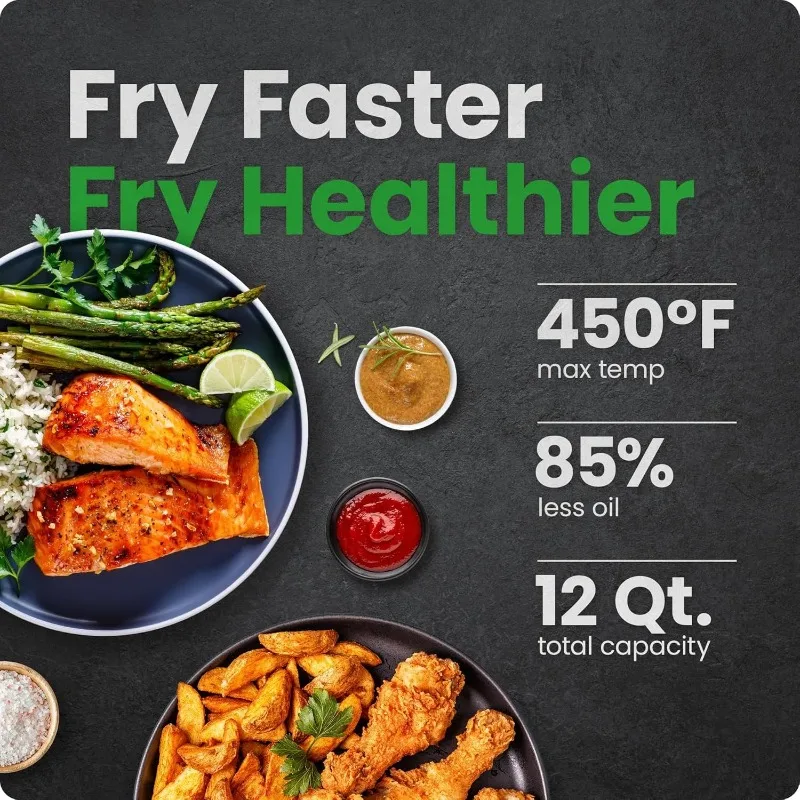 Chefman ExacTemp 12쿼트 5-in-1 에어 프라이어, 통합 스마트 온도계, 28가지 사전 설정 - 블랙